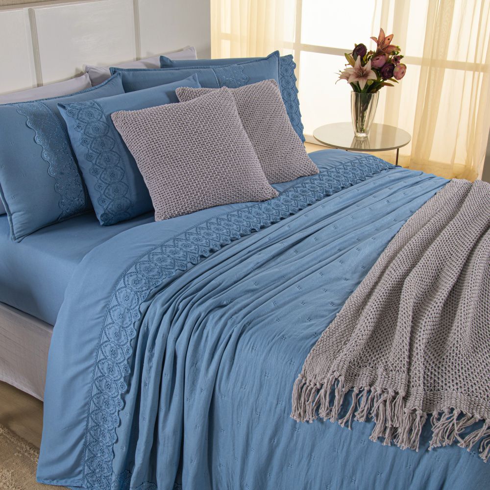[10 PIEZAS] Juego de Cama Serena de Percal 300 Hilos con Bordado Inglés